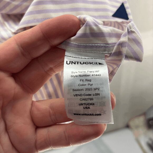 Untuckit Shirt Men's L White Purple Stripe Style Franz Cotton Button Up EUC - Picture 5 of 6